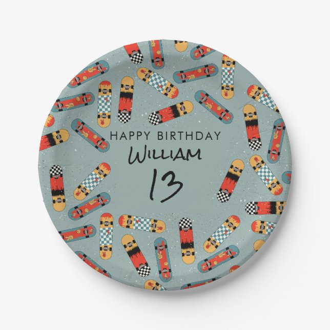 Retro Skateboard Blue Cool Skateboarding Birthday Paper Plate (Front)