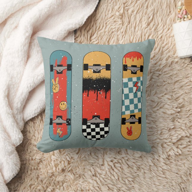 Retro Skateboard Blue Cool Throw Pillow (Blanket)