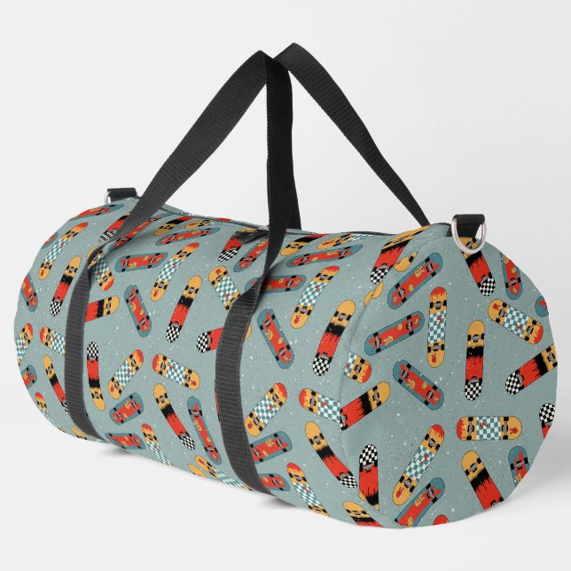 Retro Skateboard Blue Pattern Duffle Bag (Left Corner)