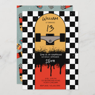 Retro Skateboard Checkered Skateboarder Birthday  Invitation