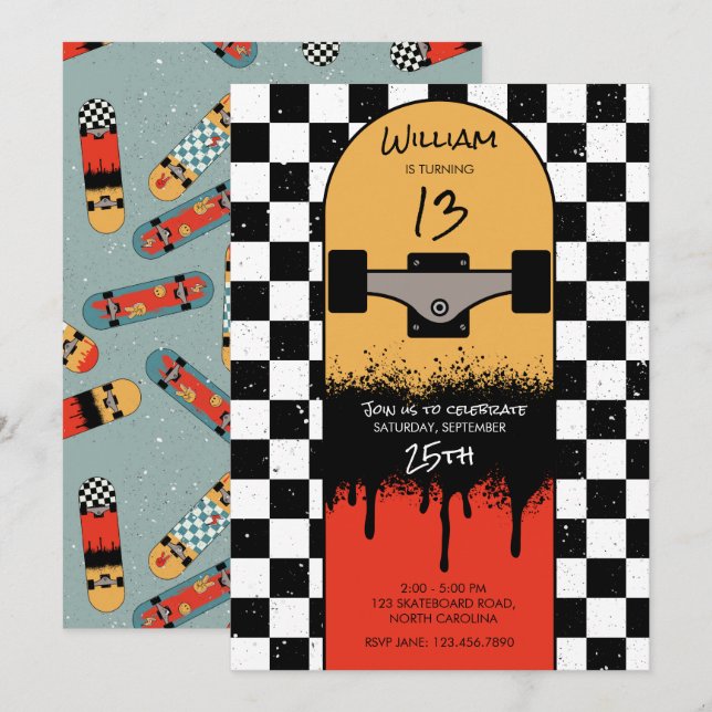 Retro Skateboard Chequered Skateboarder Birthday  Invitation (Front/Back)