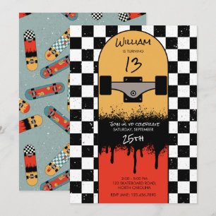 Retro Skateboard Chequered Skateboarder Birthday  Invitation