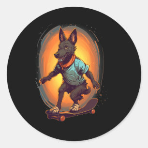 Retro Skateboarding Dutch Shepherd Dog Skateboard Classic Round Sticker