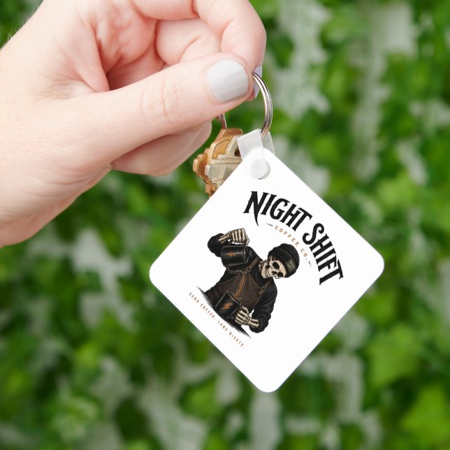 Retro Skeleton Barista Night Shift Coffee Co Keychain (Hand)