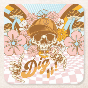 Retro Skeleton Botanical Florals Birthday Party Square Paper Coaster