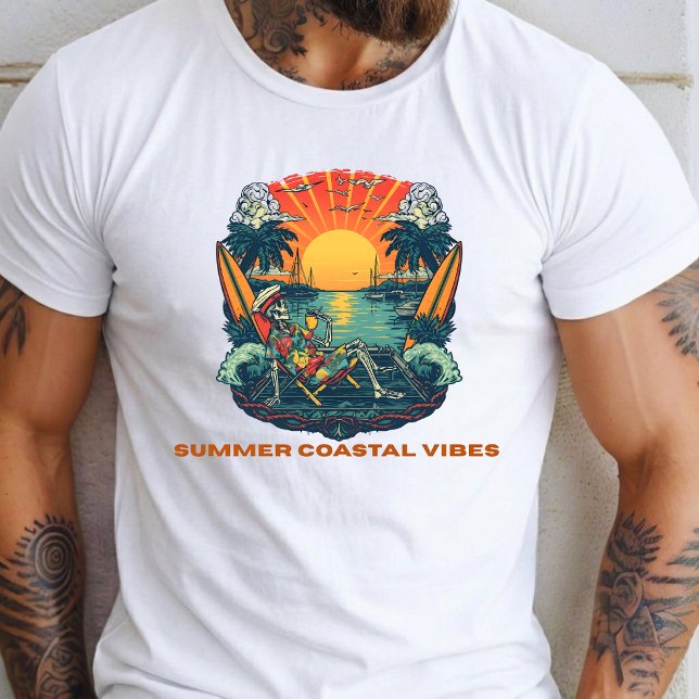Retro Skeleton Summer Coastal Vibes Sunset T-Shirt (Creator Uploaded)