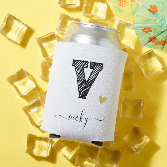 Retro Sketch Monogram Letter V, Can Cooler (In Situ Summer)