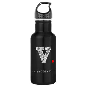 Retro Sketch Monogram Letter V, Water Bottle