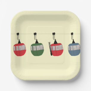 Retro Ski Gondola Lift Skiers Cream Paper Plate
