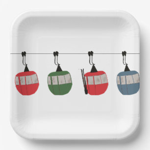 Retro Ski Gondola Lift Skiers Paper Plate