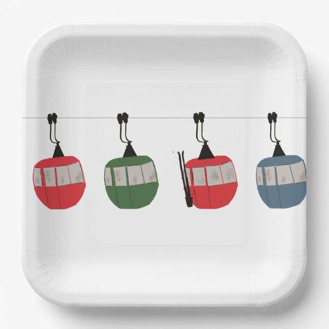 Retro Ski Gondola Lift Skiers  Paper Plate (Front)