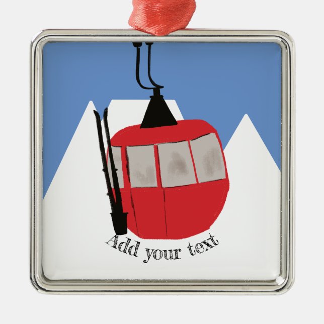 Retro Ski Lift Skiing Snow Mountain Illustration Metal Ornament (Front)