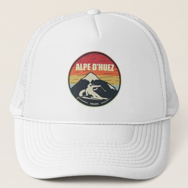 Retro Skiing Alpe d'Huez France Ski Trucker Hat (Front)