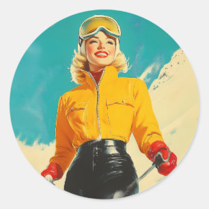 Retro Skiing Glamour Vintage Winter Adventure Classic Round Sticker
