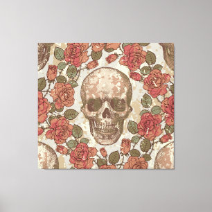 Retro Skulls and Roses Ornament Canvas Print