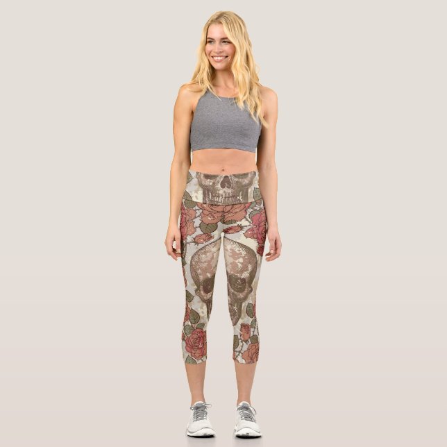 Retro Skulls and Roses Ornament Capri Leggings (Front)