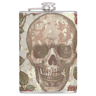 Retro Skulls and Roses Ornament Hip Flask