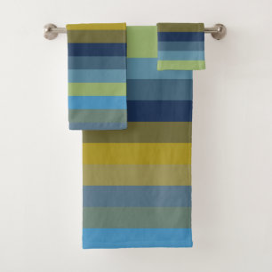 Retro Sky Blue & Ochre Horizontal Stripes Bath Towel Set