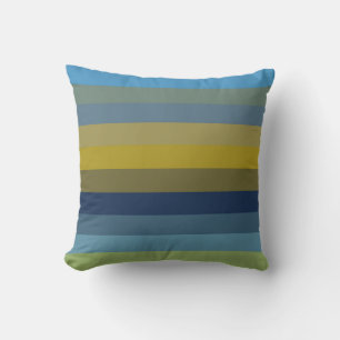 Retro Sky Blue & Ochre Horizontal Stripes  Throw Pillow
