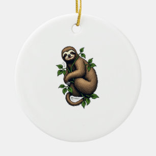 Retro Sloth Line Art Vintage Tee (4) Ceramic Ornament