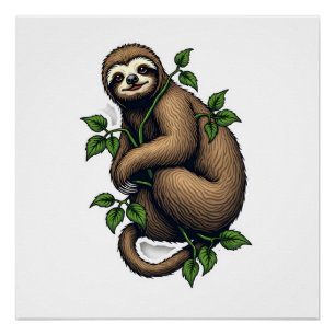Retro Sloth Line Art Vintage Tee (4) Poster