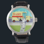 Retro Small Town Milkman Watch<br><div class="desc">If you have a thirst for a mid century modern design, this Retro Small Town Milkman Watch is for you! The 1960's style, minimalist art design features a dedicated, milkman making his morning rounds. The blonde man is wearing milky white pants, shirt and hat with a black bow tie, belt...</div>