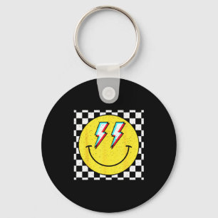 Retro Smile Face Checkered Pattern Preppy Happy Fa Keychain