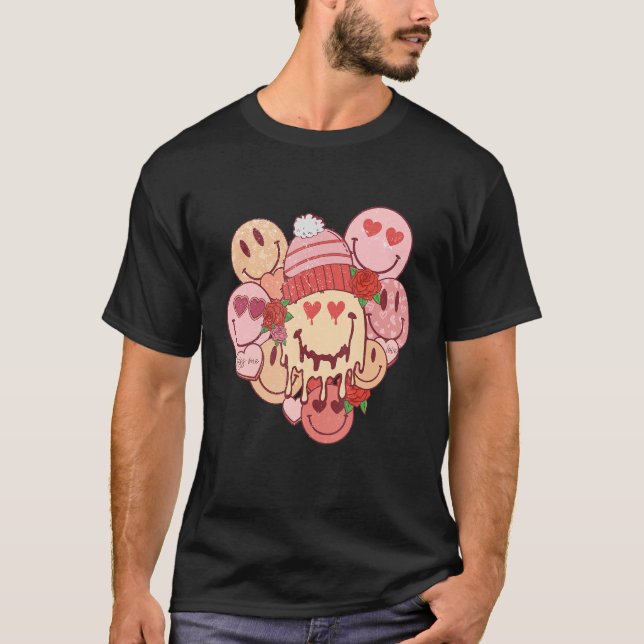 Retro Smile Face Groovy Valentine Heart Valentines T-Shirt (Front)