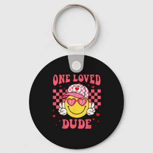 Retro Smile Face One Loved Dude Valentines Day Men Keychain