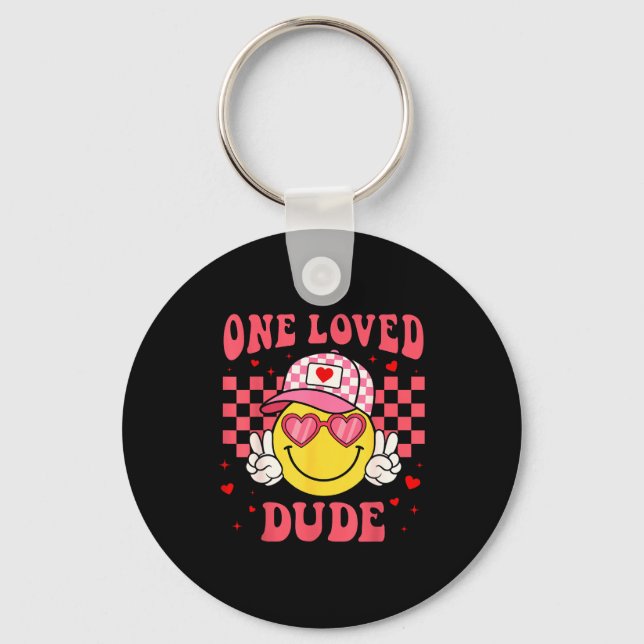 Retro Smile Face One Loved Dude Valentines Day Men Keychain (Front)