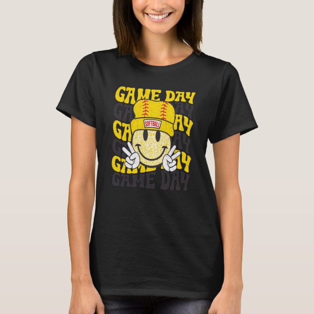 Retro Smile Face Softball Game Day Vibes Softball  T-Shirt (Front)