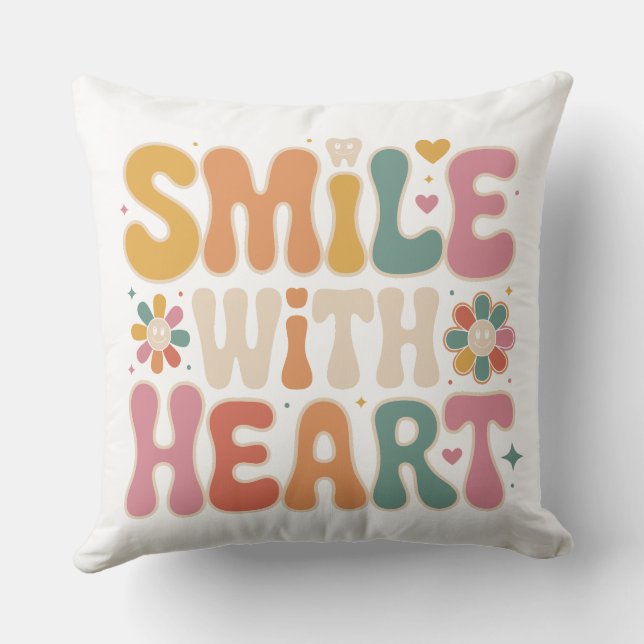 Retro 'Smile With Heart' Throw Pillow - Groovy Den (Back)