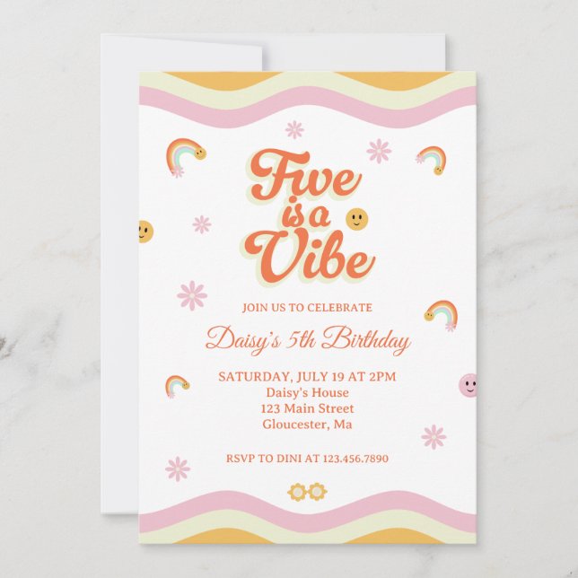 Retro Smiles Five is A Vibe 5th Birthday Invitation (Front)