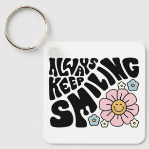Retro Smiley Face Flower Positive Quote Keychain