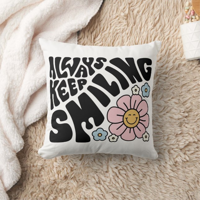 Retro Smiley Face Flower Positive Quote Throw Pillow (Blanket)