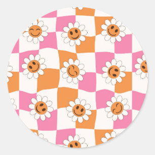 Retro Smiling flowers on warped checkerboards Classic Round Sticker