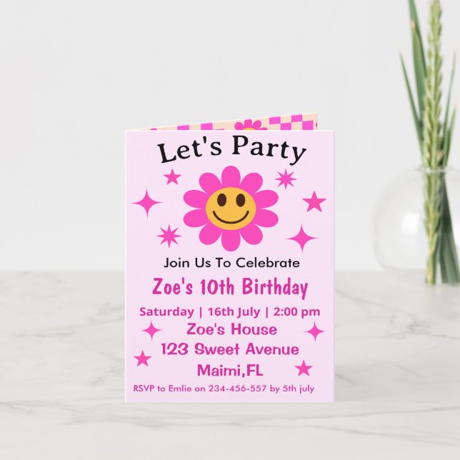 Retro Smiling Pink Flower Chequered Girl Birthday  Invitation (Front)