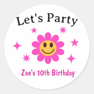 Retro Smiling Pink Flower Girl Birthday Classic Round Sticker