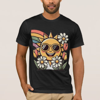 Retro Smiling Sun Rainbow Floral Cute Vintage Aest T-Shirt