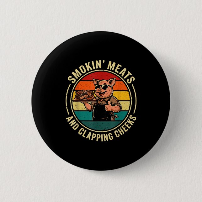 Retro smokin meats and clapping cheeks funny pig 2 inch round button (Front)