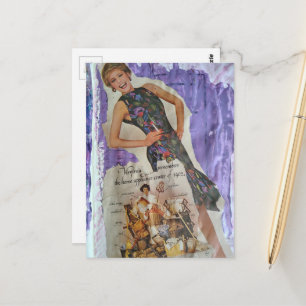 Retro smoking woman remembers housework collage postcard