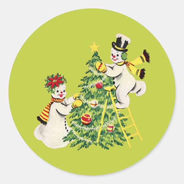 Retro Snow Couple Decorate Christmas Tree Classic Round Sticker (Front)