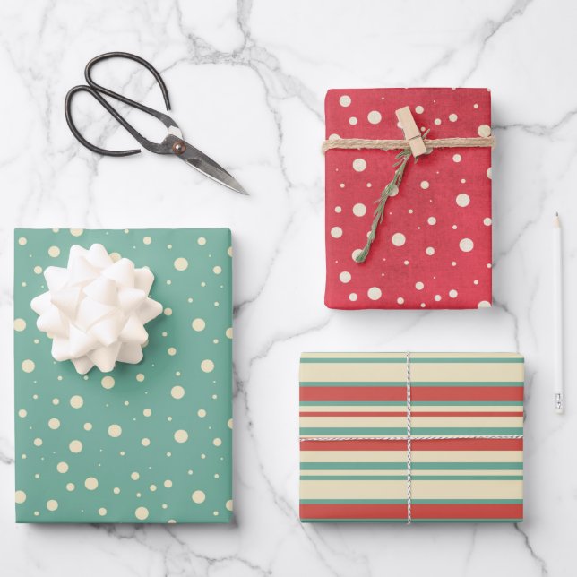 Retro Snow Flurries & Stripes Wrapping Paper Sheet (Front)