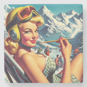 Retro Snowboard Girl Stone Coaster