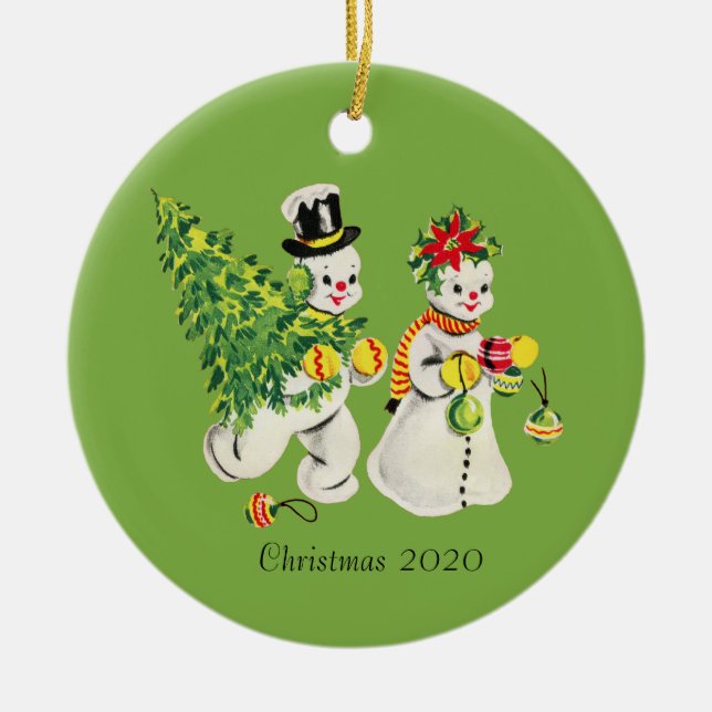Retro Snowcouple on Green Background Ceramic Ornament (Front)