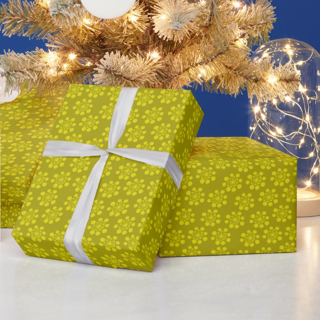Retro Snowflake Citrine on Olive Wrapping Paper (Holidays)