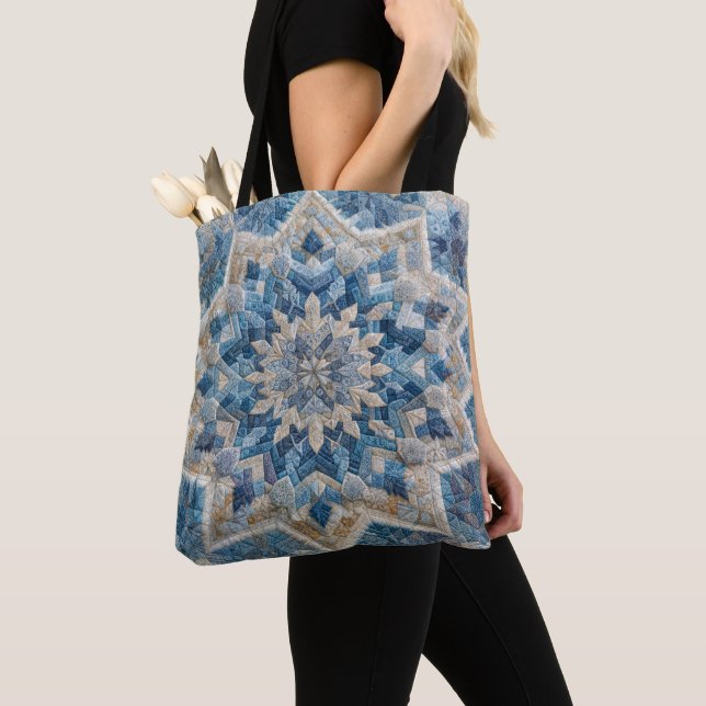 Retro Snowflake Kaleidoscope Quilt  Tote Bag (Close Up)