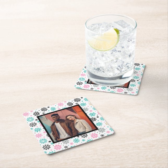 Retro Snowflakes Square Paper Coaster (Insitu)