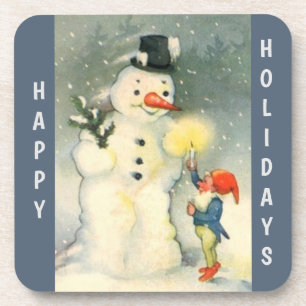 Retro Snowman and Elf Christmas Coaster