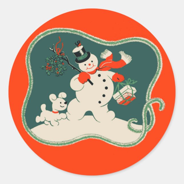 Retro Snowman Classic Round Sticker (Front)